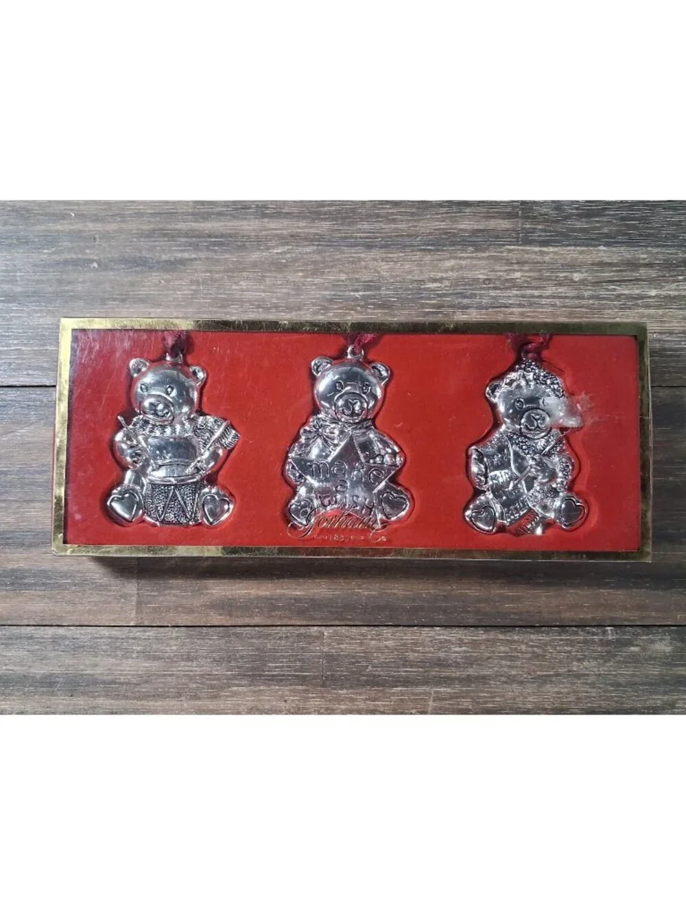 Gorham Silver Plated Teddy Bear Christmas Ornies Set Drum List Make Wish
